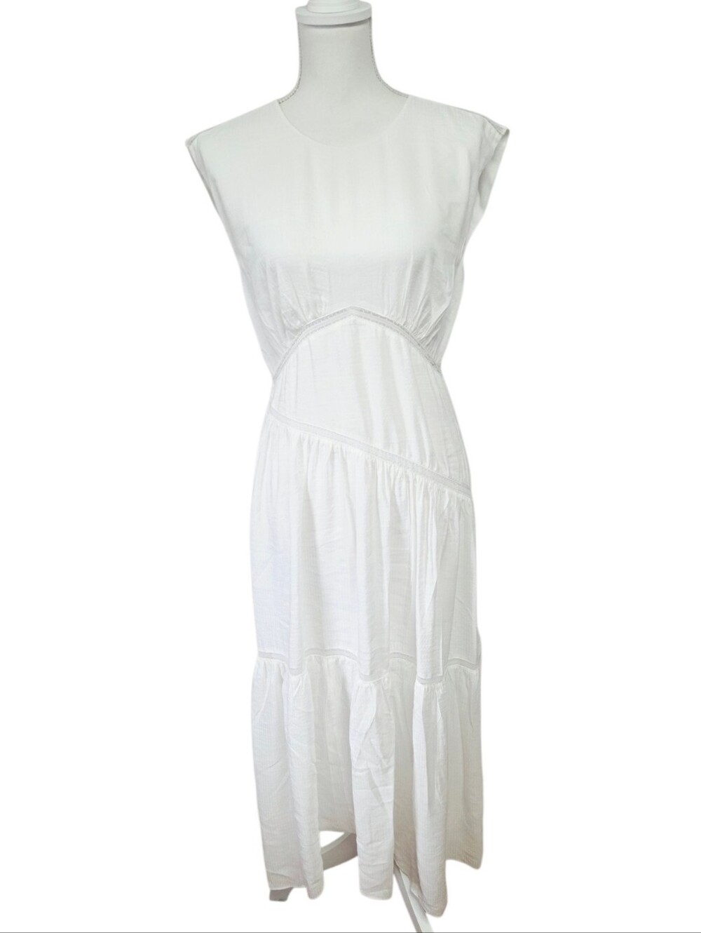 FRAME Gathered Seam Lace Inset Dress White Small - Picture 2 of 10